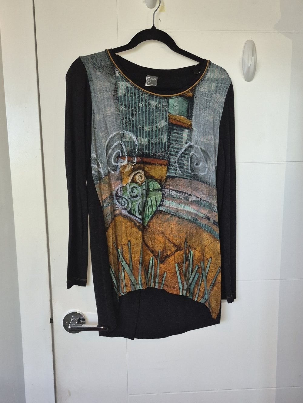 Artistic Printed Long Sleeve Tunic - Black with Teal & Mustard Panel